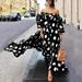 Mnycxen Women Fashion Polka Dot Printed Dress Cold Shoulder Lace Ruffle Bow Dress