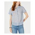 LUCKY BRAND Womens Blue Striped Short Sleeve Collared Button Up Top Petites Size: XS