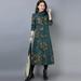Fashion Women Vintage Dress Floral Print Turtleneck Long Sleeve Pockets Casual Dress Green/Blue