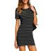 UKAP S-XXL Women Crew Neck Casual Dress Classic Fit Striped Printed Short Dress T Shirt Dresses Black XL(US 14-16)