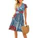 Women's Floral Print Skirt Plus Size Summer Dress Casual Short Sleeve V Neck Short Party Dress with Pockets Elegant Beach Knee-Length Dresses