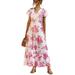 Sexy Dance Women's V-Neck Tiered Maxi Dress Ladies Cap Sleeve Elasic Waist Elegant Belt Tunic Dress Pink XL(US 12-14)