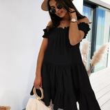 New Women's Summer Loose Ruffles Sexy One Shoulder Dress Solid Color Pleated Casual Holiday Dress