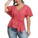 UKAP Women's Plus Size V Neck Tee Short Sleeve Shirt Tops Polka Dot Knot Tie Front Blouse for Ladies Summer Beach