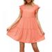 Summark Women Casual Loose Solid Color Dress V Neck Pleated Chiffon Dress Ruffles Sleeve Mini Beach Dress