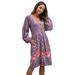 Summer Beach Women's Floral Printed Bohemian Long Sleeve Loose High Waist Button V-neck Casual Dress Plus Size Purple M