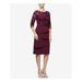 ALEX EVENINGS Womens Purple Sequined Embroidered Tiered 3/4 Sleeve Jewel Neck Knee Length Cocktail Dress Size 12