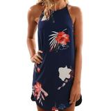 Women's Boho Casual Sleeveless Floral Mini Dress Summer Beach Halter Neck Dresses Sundress