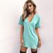 Women's Short Sleeve Sexy Triangle Hollow Halter T-Shirt Dress Solid Color Deep V-Neck Mini Long Tunic Tops Loose Pullover Blous