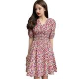Forzero Summer ladies floral V-neck fashion temperament waist short-sleeved dress, floral print fashion and elegant A-line puff sleeve dress, beach casual party dress