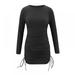 Popvcly Ladies Sexy Round Neck Solid Color Ruffled Tie Drawstring Long Sleeve Casual Dress,Black