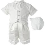 Christening Baptism Newborn Baby Boy Special Occasion 3 Pc Satin Short Pant Outfit Set w/ Striped Vest & Matching Hat