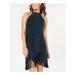 PLANET GOLD Womens Navy Fringed Faux Suede Sleeveless Halter Above The Knee Sheath Party Dress Size M