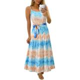 Women Ladies Sleeveless Long Maxi Dresses Strappy Boho Summer Beach Sundress Tie Dye Printed Kaftan Dress With Tie Waist