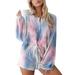 Women Hip Hop Tie Dye Tracksuit Lounge Wear Suit Gradient T-shirt Top+Shorts Set Ladies Drawstring Shorts and Long Sleeve Pullover Blouse Tops Co Ord Set Jogger PJ Sets