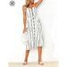 Luxtrada Women's Dresses Summer Boho Floral Spaghetti Strap Button Down Belt Swing A line Midi Dress with Pockets (Stripe White,S)