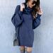 Women Long Sleeve Sweaters Casual High Collar Loose Sweater Dress Solid Color Irregular Knee Length Pullover Knit Sweaters Mini Dress