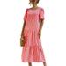 Summer Short Sleeve Long Dresses for Women Beach Holiday Party Dress Boho Vintage Printed Sundress Ladies Scoop Neck Tunic Dress
