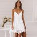 Suzicca Women Lace Slip Dress V Neck Spaghetti Strap Crochet Lace Sleeveless Summer Mini Dress White
