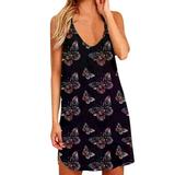 Nlife Women Floral Butterfly Print Halter Neck Sleeveless Cutout Back Mini Dress