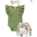 Baby Girls Summer Cotton Clothes Ruffles Sleeves Bodysuits+Floral Shorts+Headband Ribbed Knitted Casual Outfits