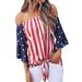 Women's Long Sleeve US Flag Print Boho Peasant Long Sleeve Off The Shoulder Shirt Tops