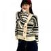 Women's Striped V-Neck Casual Open Front Casual Knit Sweaters Coat Long Sleeve Button Up Knitted Short Cardigan Tops