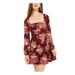 B DARLIN Womens Maroon Floral Long Sleeve Square Neck Short Fit + Flare Dress Size 7\8