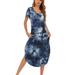 Womens Long Nightgowns V Neck Loungewear Short Sleeve Pajamas,Full Length Sleepwear Sleep Shirt with Pockets,Plus Size Casual Cotton Nightshirts House Dress Maxi Tie Dye Sleepdress,Blue S-2XL