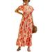 Niuer Women Summer Party Dress Button Down Short Sleeve Belt Stitching Maxi Dress Elegant V-Neck Tunic Dress Orange (Flower) L(US 10-12)