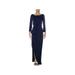 KAY UNGER Womens Navy Ruched Long Sleeve Jewel Neck Maxi Sheath Evening Dress Size 8