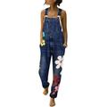 Women Denim Jumpsuit Floral Printed Dungarees Playsuit Distressed Ripped Jeans Straps Overalls Trousers Loose Sleeveless Baggy Pockets Long Bib Pants