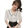 Hazel Tech Sweet Peter Pan Collar Chiffon Blouse Korean Fashion Contrast Color Short Sleeve Blouses Top Women's Shirt