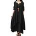 HIMONE Long Sleeve Solid Color Tunic Dress For Lady V-Neck Button Down Maxi Dress Womens Ruffle Pleated T Shirt Dress Irregular Hem Fake Two Piece Dress Plus Size