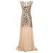 Women Sequined Gown Dress Sleeveless Pearls Mesh Ruffles Hem Cocktail Party Ball Dress