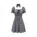 Hazel Tech Retro Plaid Puff Sleeve Dress Korean Fashion High Waist Slim Dresses Women Square Collar Bow Dress