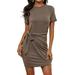 Women Summer Casual Short Sleeve Lace Up T-Shirt Crewneck Bodycon Ruched Tie Waist Mini Dress