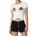 TheMogan Junior's Casual Eye Print Knot Front Soft Jersey Short Sleeve Cropped Tee