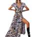 ZANZEA Women Short Sleeved High Slit Casual Loose Bohemian Maxi Dresses Floral Dress