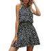 LAPA Women's Sleeveless Cold Shoulder Spot Print Elastic Waist Halter Mini Dress