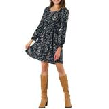 Allegra K Women's Floral Tie Sweetheart Neck Gathering Puff Long Sleeve Vintage Dress