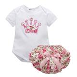 Baby Girls 2pcs Set Cute Flower Printed Crown T-Shirt Top and Pant Suit for Baby Infant Newborn