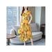 Women's Summer Casual Floral Over The Knee Dress Short Sleeve Swing Dress Yellow M-3XL