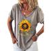 Short Sleeve V-Neck T-shirts for Ladies Oversize Casual Blouse Womens Classic Fitting Cotton Blouse Shirts Sunflower Pattern Casual T Khaki M(US 6-8)