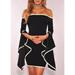 Women Summer Boho Off Shoulder Flare Long Sleeve Party Evening Beach Black Printing Party Short Mini Dress