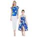 Matching Hawaiian Luau Mother Daughter Off-Shoulder Top Halter Dress in Hibiscus Blue