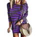 Jocestyle Women Striped Printing Off Shoulder Dress Long Sleeve Dresses (Purple L)