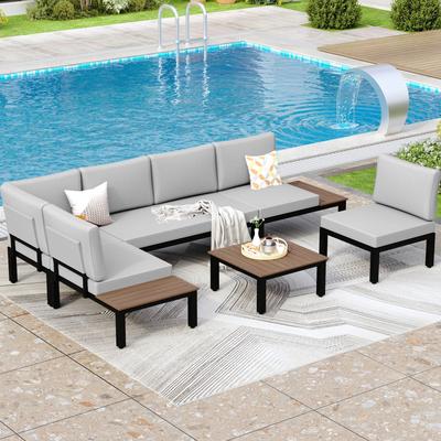 10-Seat Patio Sectional sofa set, E-coating Steel frame Conversation Sets with Built-in Side Table , Grey Cushion