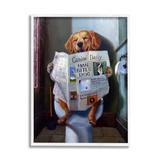 Ebern Designs Dog Reading the Newspaper On Toilet Funny - Floater Frame Graphic Art Print on Canvas in Black/Blue/Brown | Wayfair