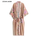 2019 bohème col en V paon fleur imprimé Long Kimono chemise kaki vacances nouveau laçage up